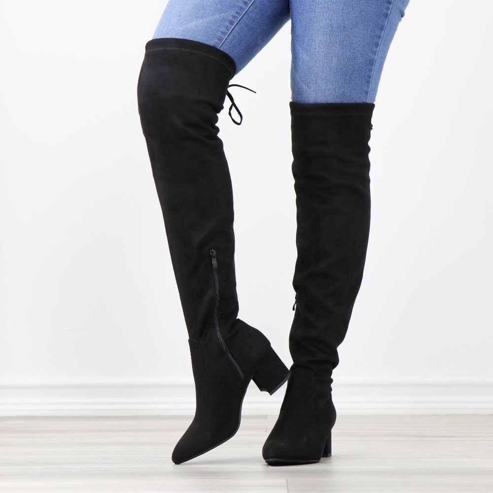 Black Over The Knee Low Block Heel Boots Faux Suede Pointy Toe Thigh High